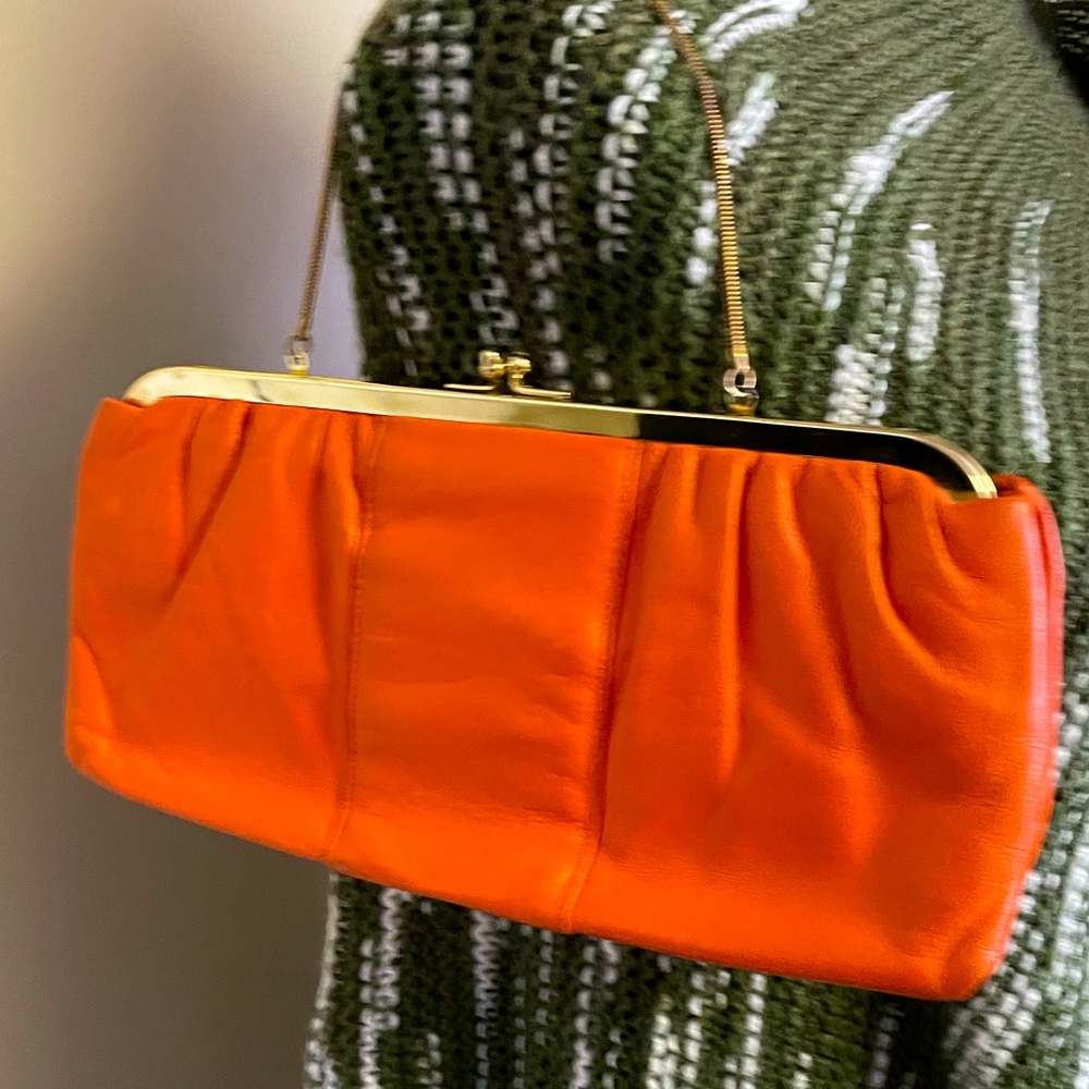 VINTAGE Leather Orange Purse - Gold Chain